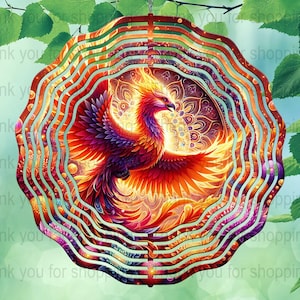 Levendige Phoenix Wind Spinner Design PNG, digitale download, 12 x 12 inch woondecoratie, mandalakunst, decoratie in bohostijl