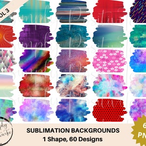 May include: 60 sublimation backgrounds in a variety of colors and patterns. The backgrounds are in the shape of a brush stroke. The text "VOL 3" is in the top left corner of the image. The text "SUBLIMATION BACKGROUNDS" is in the bottom center of the image. The text "1 Shape, 60 Designs" is below the text "SUBLIMATION BACKGROUNDS". The text "60 PNG" is in a gold star in the bottom right corner of the image.