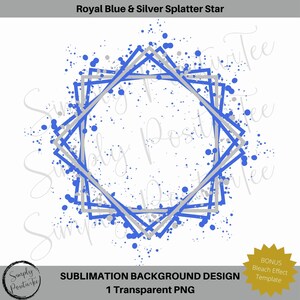 Puede incluir: Un diseño de fondo para sublimación con una estrella de explosión plateada y azul real con un marco geométrico. El diseño está sobre un fondo blanco.