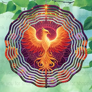 Levendige Phoenix Wind Spinner Design PNG, digitale download, 12 x 12 inch, Mandala Sunburst Art, tuindecor, woondecoratie