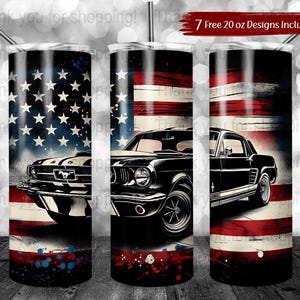 May include: Three 20 oz stainless steel tumblers with a patriotic design. Each tumbler features a classic black car set against a backdrop of the American flag. The design includes red and white stripes and a field of blue stars.