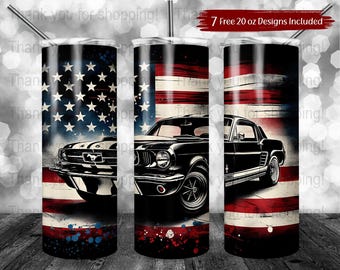 Diseño de Muscle Car Americano, Arte de Mustang Vintage, Envoltura para Vaso con Bandera, Descarga Digital, Uso Comercial