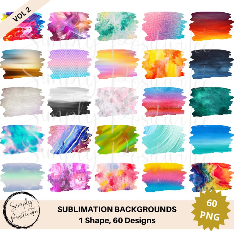 May include: 60 digital sublimation backgrounds in a brush stroke shape. The backgrounds feature a variety of colors and patterns, including abstract, marble, and watercolor.