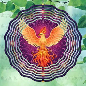 Levendige Phoenix Wind Spinner Design PNG, digitale downloadkunst, 12 x 12 inch, mandala en bloempatronen, DIY Home Decor