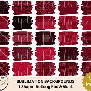 May include: 124 digital sublimation backgrounds in red and black with a bulldog theme. The backgrounds are in a variety of patterns, including polka dots, stripes, and houndstooth.