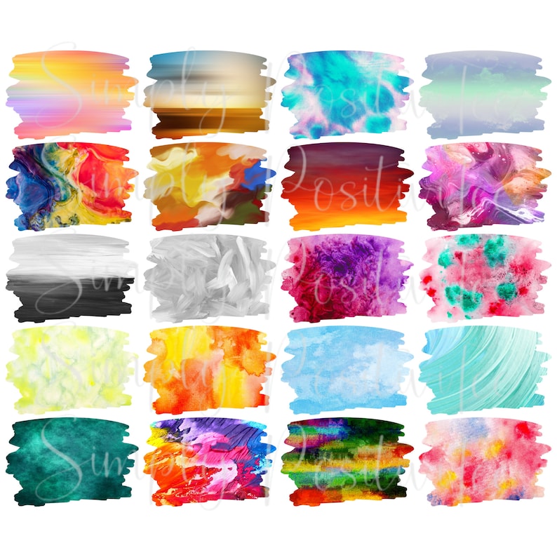 May include: A set of 16 digital watercolor brush stroke textures in various colors, including blue, green, yellow, orange, red, purple, and white. The textures are abstract and resemble brush strokes on a canvas.