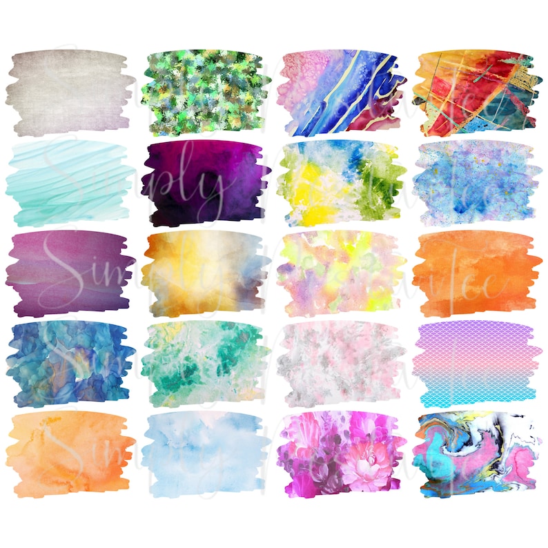 May include: A set of 16 digital watercolor backgrounds in various colors and patterns. The backgrounds are perfect for adding a touch of whimsy to your digital designs.