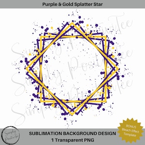 Puede incluir: Diseño de fondo de sublimación con una estrella salpicada de morado y dorado. El diseño presenta una forma de estrella geométrica en capas sobre un fondo blanco.