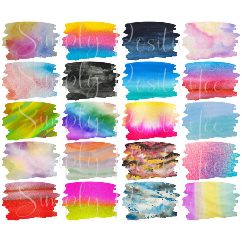 May include: Set of 20 digital watercolor brush strokes in various colors, including pink, blue, yellow, green, and orange. The brush strokes are abstract and have a textured look.