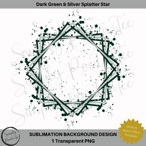 Puede incluir: Un diseño de estrella salpicada en verde oscuro y plata sobre un fondo blanco. El diseño presenta una forma de estrella geométrica con líneas verdes oscuras y plateadas, rodeada de salpicaduras verdes oscuras y plateadas. El texto en la parte inferior dice "SUBLIMATION BACKGROUND DESIGN".