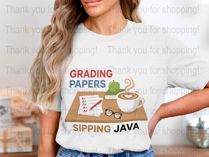 Teacher Graphic T-Shirt, Sipping Java Grading Papers Tee, Coffee Lovers Gift, Casual Educator Shirt with Glasses and Apple Design