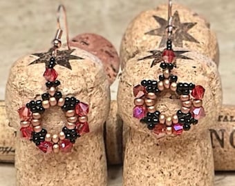 Siam Red Crystal Earrings with Seed Beads, Handmade Earrings, Black and Copper Seed Bead Earrings