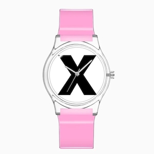 May include: A clear plastic wristwatch with a pink silicone band. The watch face has a white background with a black letter X in the center.