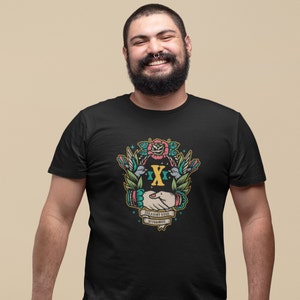 May include: Black t-shirt with a colorful graphic design featuring a handshake, two birds, a rose, and the text "Straight Edge, Otherwise."