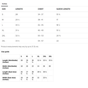 May include: Size chart for a garment with measurements in inches for length, chest, and sleeve length. Sizes include S, M, L, XL, 2XL, and 3XL. The chart also includes measurements for worldwide and East Asia sizing.