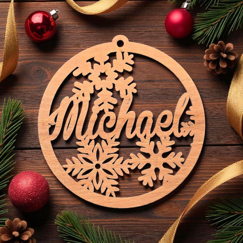Personalized Christmas Ornament with Name – Wooden Snowflake, Angel, Snowman, Bell or Pet Paw – Custom Stocking Stuffer image 1