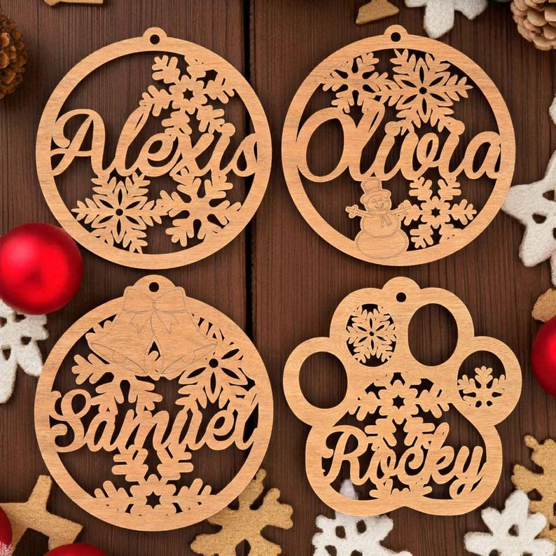 Personalized Christmas Ornament with Name – Wooden Snowflake, Angel, Snowman, Bell or Pet Paw – Custom Stocking Stuffer image 2