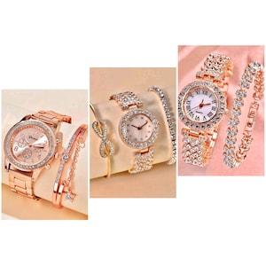 Rhinestone Crystal Triple Dial Quartz Wrist Watch And Bracelet Set
