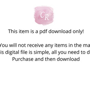 Puede incluir: Texto sobre un fondo blanco que dice "CR" en un c&iacute;rculo rosa con un borde decorativo. El texto debajo dice "&iexcl;Este art&iacute;culo es solo una descarga PDF! No recibir&aacute;s ning&uacute;n art&iacute;culo por correo. Este archivo digital es simple, todo lo que necesitas hacer es comprar y descargar"