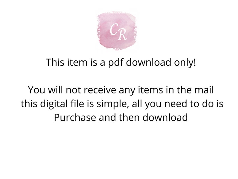 Puede incluir: Texto sobre un fondo blanco que dice "CR" en un c&iacute;rculo rosa con un borde decorativo. El texto debajo dice "&iexcl;Este art&iacute;culo es solo una descarga PDF! No recibir&aacute;s ning&uacute;n art&iacute;culo por correo. Este archivo digital es simple, todo lo que necesitas hacer es comprar y descargar"