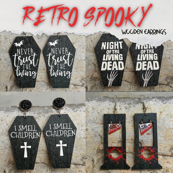 Vintage Scary Movie Halloween Wooden Earrings, Night of the Living Dead, I Smell Children Hocus Pocus, Never Trust the Living Beetlejuice!