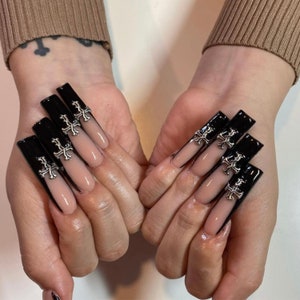 I Trendy Long Square Black French Tips  | Luxury Personalized Reusable Press On Nails (XL Square Shape Used In Photo)