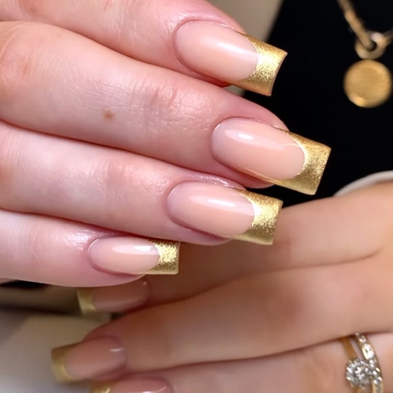 I Chrome Gold French Tips I Luxury Personalized Reusable Press On Nail Set M dium Square Shown In Photo