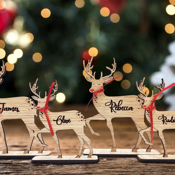 Christmas Personalised Freestanding Reindeer, Place Names Setting Decoration, Family Christmas Decorations