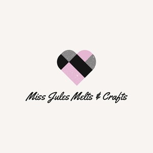May include: A logo featuring a heart shape divided into sections of black, pink, and gray glitter. The text "Miss Jules Melts & Crafts" is written in a cursive font below the heart.