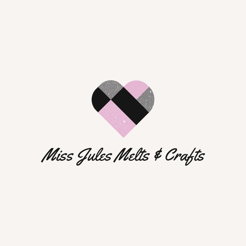 May include: A logo featuring a heart shape divided into sections of black, pink, and gray glitter. The text "Miss Jules Melts & Crafts" is written in a cursive font below the heart.