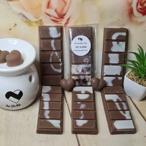 May include: An assortment of scented wax melts in various shapes and designs. The melts are primarily brown with white and green accents. The image also includes a white ceramic oil warmer and a small potted plant.
