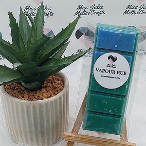 Puede incluir: Una barra de cera fundida verde y azul con el texto "VAPOUR RUB" en una etiqueta blanca. La cera fundida está empaquetada en plástico transparente.