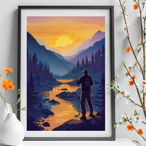 Fly Fishing at Sunset, Watercolor Fly Fisherman, Brown Trout Art, Vintage Fishing Scene, Tackle Box, Fishing Decor