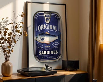 Sardines Tin Digital Poster - Seafood Print - Coastal Aesthetic - Sardine Can Art - Vintage Fish Poster - Fisherman Gift- Seafood Wall Art