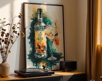 Sztuka ścienna z butelki ginu, prezent dla miłośnika ginu, wystrój ginu z tonikiem, cyfrowy plakat z alkoholem, wystrój baru, sztuka ze szkła ginowego, sztuka ścienna Gordons