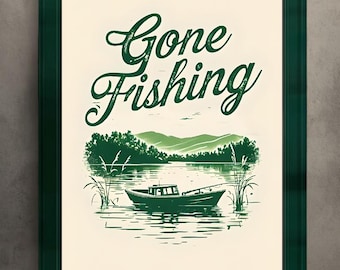 Digitale kunst Gone Fishing, vissersbootafdruk, decor vissen, vissen verjaardagscadeau, boot schilderen, visseresthetiek