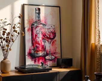 Pink Gin Digital Art, plakat z ginem i tonikiem, akwarela Gordons Gin, sztuka ścienna z butelki ginu, wystrój alkoholowy, prezent dla miłośnika ginu, prezent urodzinowy z ginem