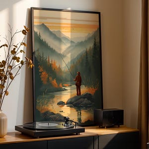 Fly Fisherman Poster, Nature Scene, Fisherman Aesthetic Print, Vintage Art Fishing, Trout and Rods, Rustic Fishing Decor, Sunset Fishing