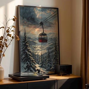 Snowy Landscape Cable Car Art - Ski Lift - Snow Mountain - Winter Sports - Cable Car Print - Ski Resort Wall Art - Cozy Cabin Decor