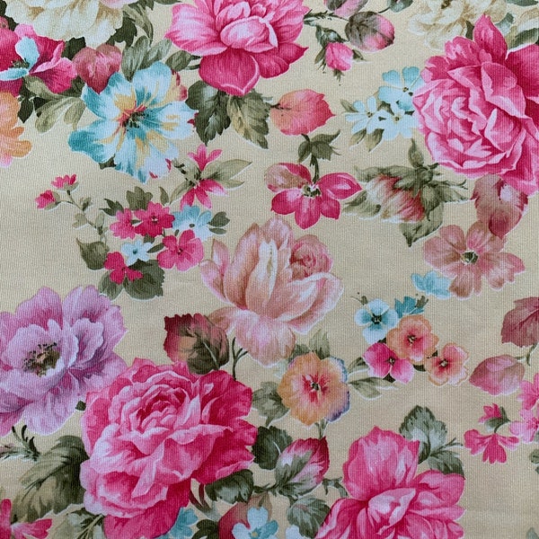 Swim Fabric: Floral Swim Fabric on beige background, Sold by 1/2 meter