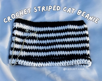 Striped Cat Beanie | Black and White Cat Beanie | Crochet Hat | Crochet Beanie | Cat Ear Hat | Cat Ears Beanie | Made to Order