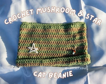 Pilz und Stern Katze Beanie | Braun und Grün gehäkelte Katze Beanie | Häkelmütze | Katzenohren Hut | Katzenohren Beanie | Auf Bestellung