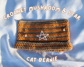 Pilz und Stern Katze Beanie | Gehäkelte Mütze in Braun und Orange | Häkelmütze | Katzenohren Hut | Katzenohren Beanie | Auf Bestellung
