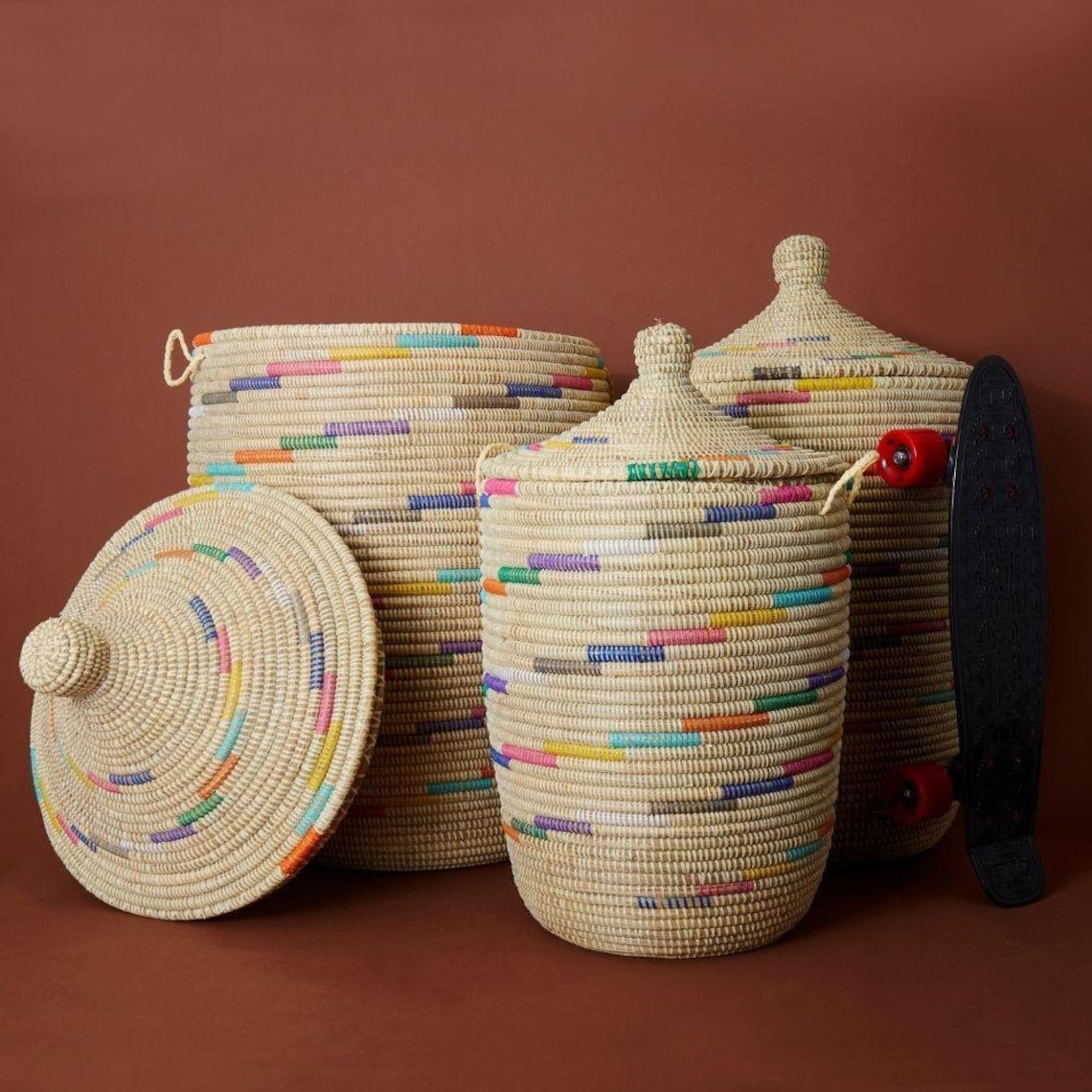 Senegal Jumbo Colorful Swirl Hand Woven Grass Basket with Lid Etsy
