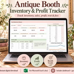 以下が含まれることがあります： Microsoft Excel用のAntique Booth Inventory & Profit Trackerスプレッドシートを表示するノートパソコンの画面。ダッシュボードには、総売上、純貢献度、在庫の経年変化を示す表と、12ヶ月の売上グラフ、および3つの円形アイコンが表示されています。
