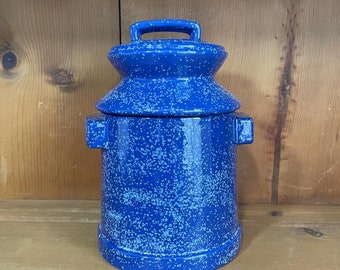 Vintage Blue Ceramic Crock with Lid, Farmhouse Kitchen and Home Decor, Cottage Core, Grandma Chic