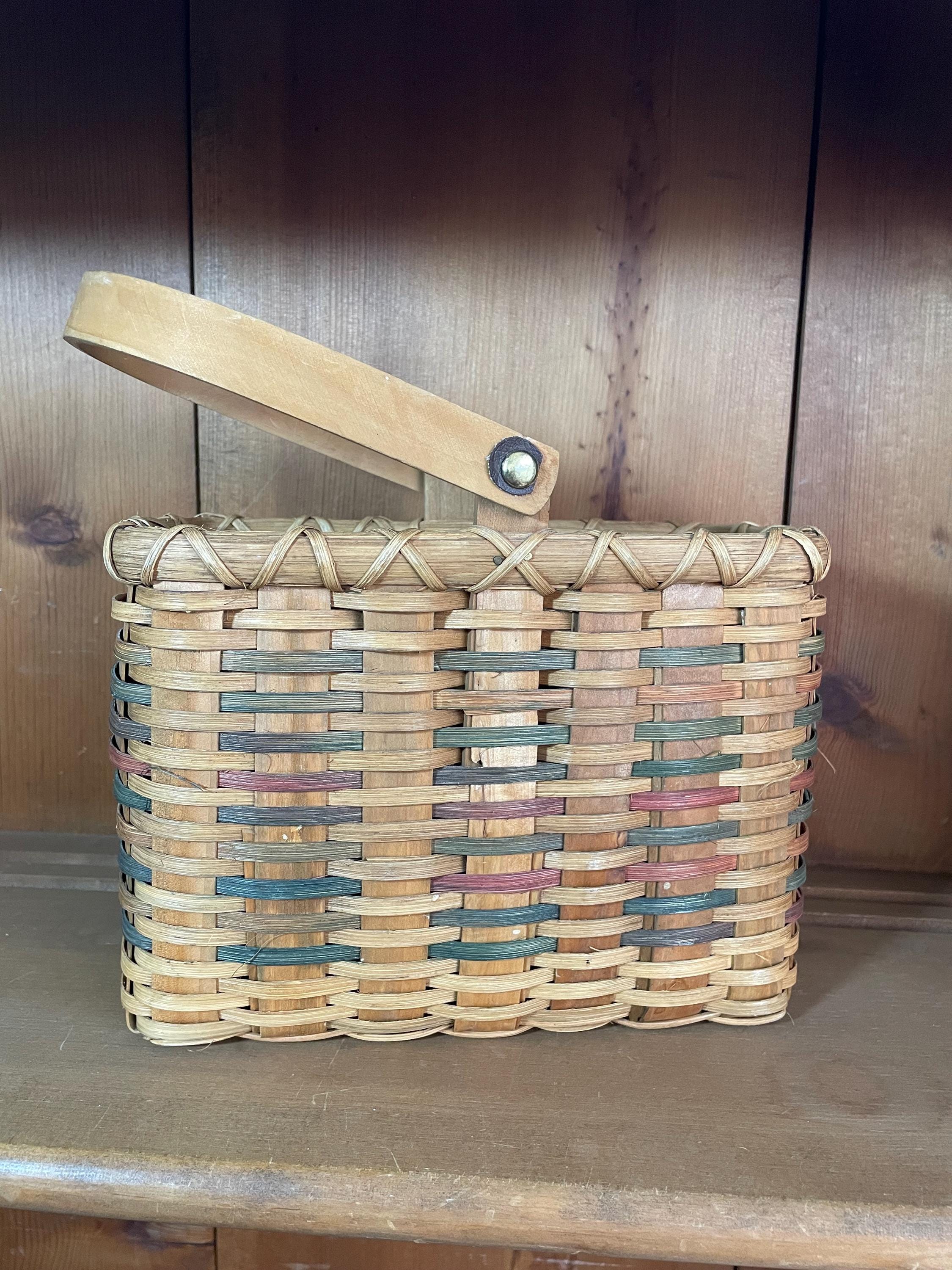 Small, Vintage Woven Basket with Fully Articulated Handle and Colorful Weave, Home Decor, Cottage Core