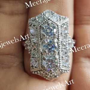 Art Deco Moissanite Engagement Ring: Sterling Silver Filigree, Three Stone