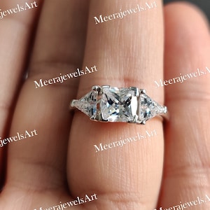 Princess Cut Moissanite Ring: Trillion Accent Stones, 14K White Gold