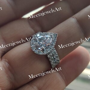 Pear Moissanite Sterling Silver Ring Set: Halo Bridal Anniversary